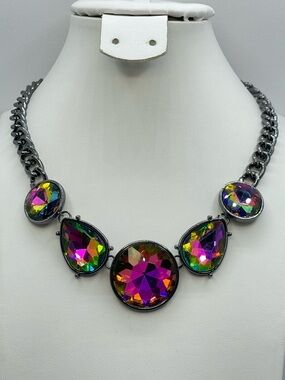 Gunmetal AB Crystal Statement Necklace Rainbow Rhinestone Bib